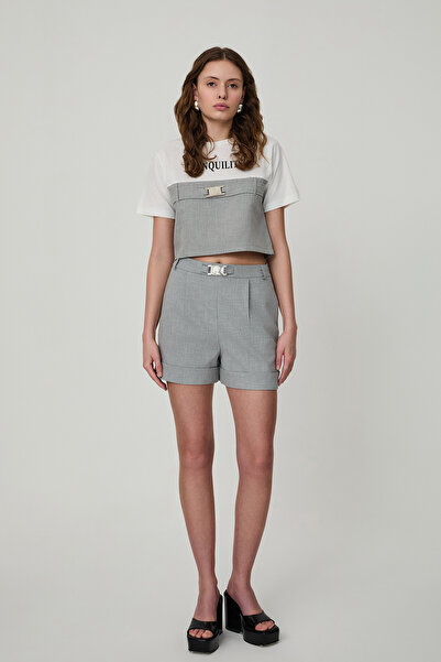 Quzu Duble Paça Kemerli Şort Açık Gri