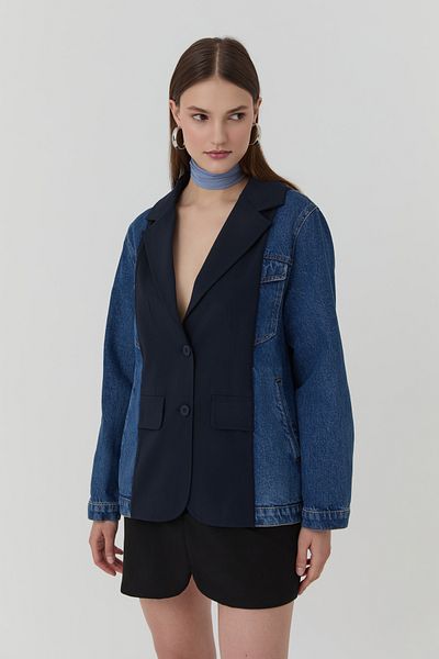 Quzu Denim Detailed Pocketed Blazer Jacket Blue