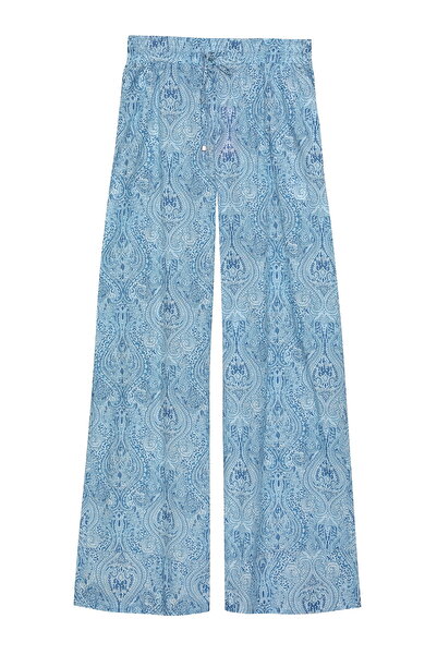 Quzu Renkli Desenli Beli Lastikli Pantolon Mavi