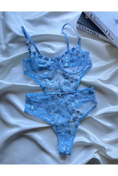 ARONA Nakış İşlemeli Kalp Desenli Mavi Bodysuit