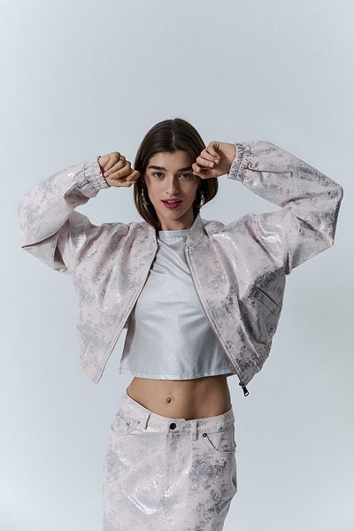 Quzu Metallic Patterned Zippered Jacket Powder