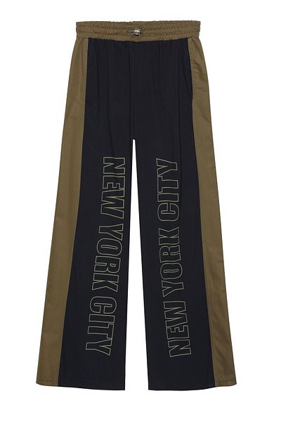 Quzu Patterned Trousers with Elastic Waist Match Detail Navy Blue