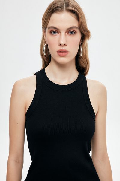 Quzu Halter Collar Basic Corded Tank Top Black