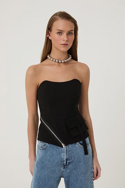 Quzu Zipper Detailed Strapless Blouse Black