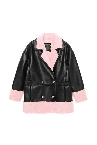 Quzu Plush Detailed Leather Coat Black