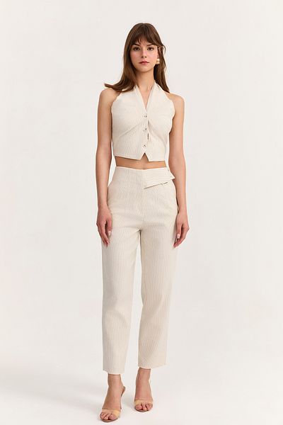 Quzu Collet Detailed Thin Striped Trousers Natural