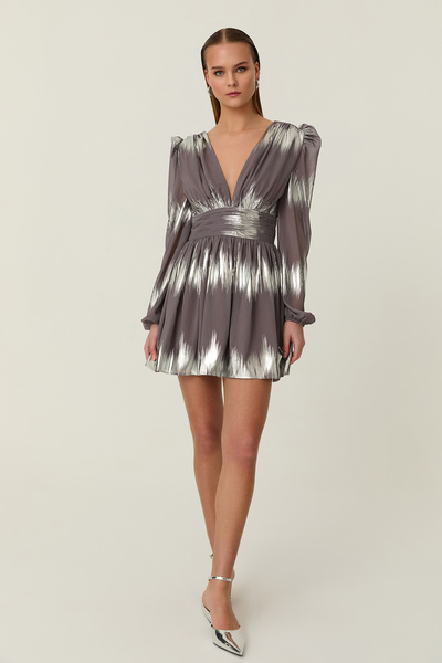 Quzu Foil Detailed Back Low-cut Mini Dress Gray