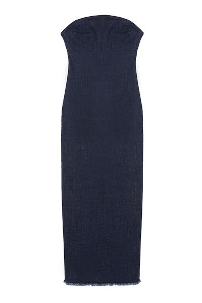 Quzu Strapless Detailed Denim Long Dress Blue