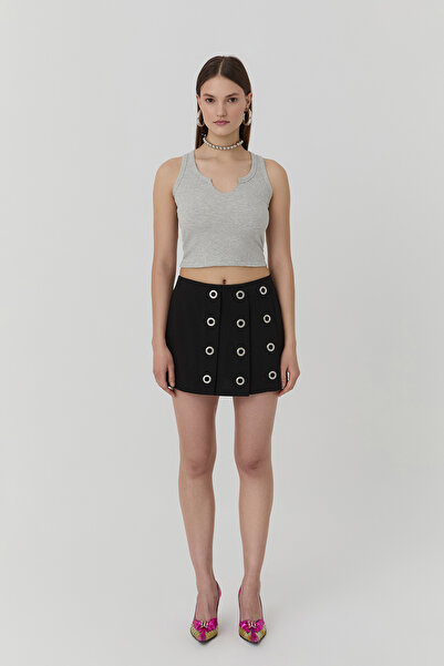 Quzu Kuş Gözü Detaylı Şort Etek Siyah