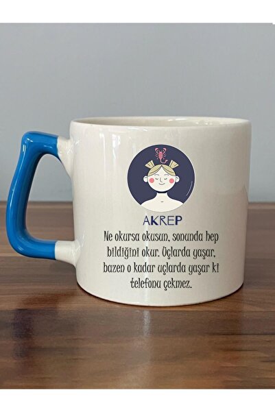 Öz Kupa Akrep Burcu ve Onla Alakalı Komik Açıklama Baskılı Mavi Kulplu D Kupa