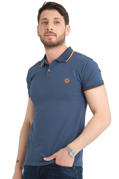 Varetta Men's indigo - Orange Polo Collar Piping Summer Cotton Short Sleeve T-shirt