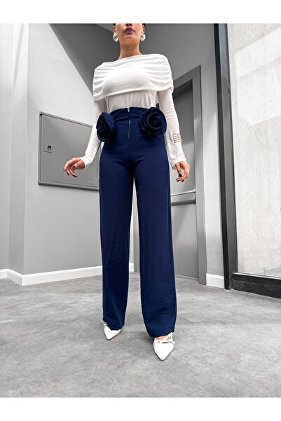 ESRAHELVACI Navy Blue Flower Brooch Trousers