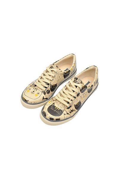 Dogo Γυναικεία Vegan Δερμάτινα Μπεζ Sneakers - Σχέδιο Monochrome Cats