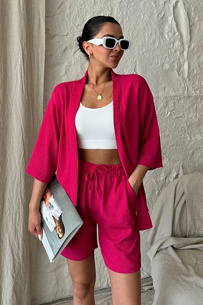 MODAGEN Damen Fuchsia Rosa Kimono Shirt Shorts Unterteil Top Set
