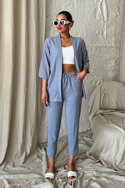 MODAGEN Women's Gray Kimono Top and Bottom Carrot Pants Set