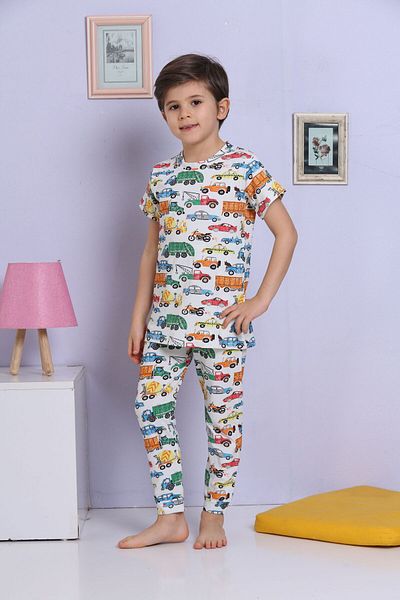 Perakids Set de pijamale pentru băiat cu mânecă scurtă, 100% bumbac, cu model de mașină