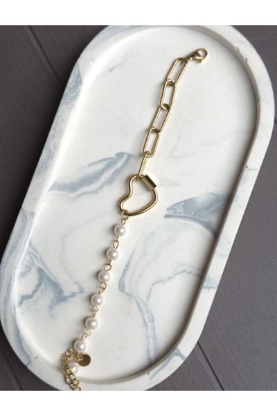 Accessories سوار من الفولاذ على شكل قلب لؤلؤي