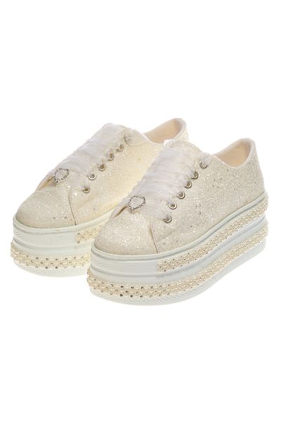 Ayakkabı Tutkusu Stilo ® Glitter Sneakers for Brides: Ivory Detailed 7cm Flat Platform