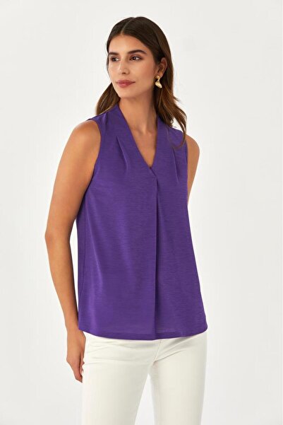 İKİLER Önü Pileli V Yaka Kolsuz Bluz 024-1004