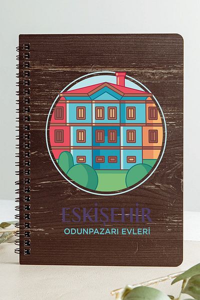 SaltanArt Eskişehir Wood Market Houses City Design Caiet din lemn de acoperire Hârtie Kraft Cadou cu design special