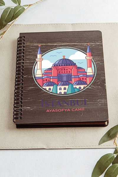 SaltanArt Moscheea Hagia Sofia din Istanbul Designul orașului Caiet cu copertă din lemn Hârtie Kraft Cadou cu design special