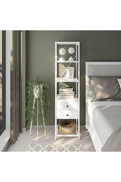 Rafevi Lenon Çekmeceli Kitaplık - Çok Amaçlı Açık Raflı Dolap  (Beyaz)