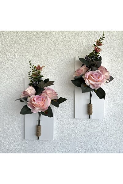 STDEKOR Pudra Pembe Gül Çiçekli Duvar Dekoru Beyaz İkili Set 30x14cm
