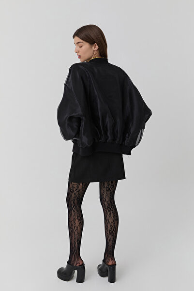 Quzu Cep Detaylı Organze Tül Ceket Siyah