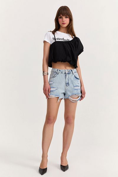 Quzu Pantaloni scurți mini din denim cu detalii rupte, albastru deschis