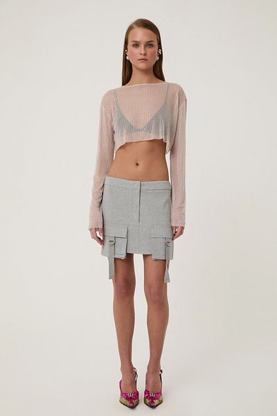 Quzu Pocket Detailed Mini Jewelled Skirt Light Gray