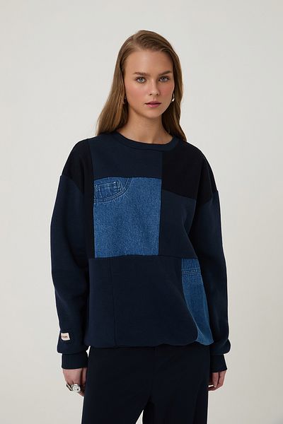 Quzu Denim Block Detailed Sweatshirt Navy Blue