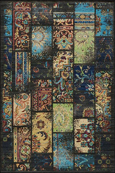 Rugs Modern Halı Siyah Kareli ve Desenli Modern Dekoratif Halı 4435