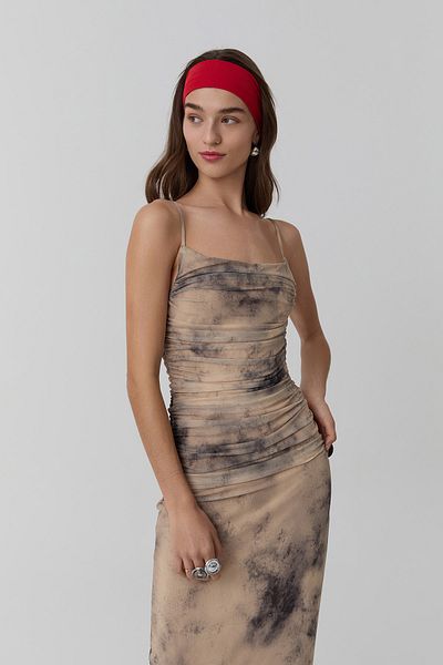 Quzu Thin Straps Draped Midi Dress Camel