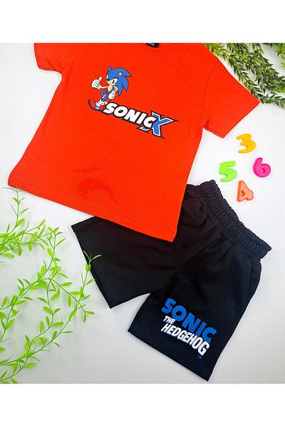 Butik Boy Sonic Printed Orange T-Shorts Black Shorts Double Set