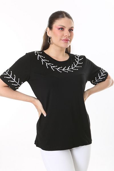 Şans Women's Large Size Black Pearl and Embroidery Detailed Short Sleeve Blouse 65N37677