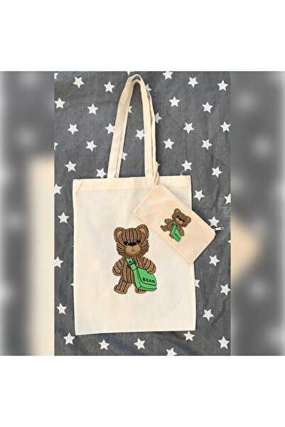 Boom town πλεκτή τσάντα από ύφασμα αρκούδας τσάντα μακιγιάζ με στυλό