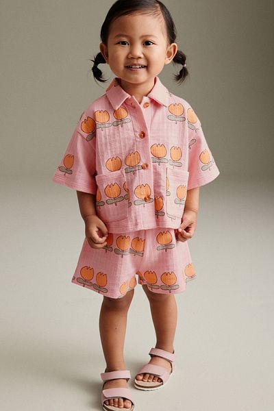 Next Baby Pink Tulip Patterned 100% Cotton Shirt and Shorts Set