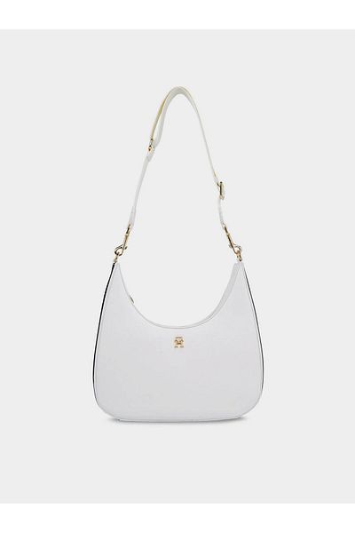 Tommy Hilfiger Women's Leather Brand Logo Zippered Daily Use White Shoulder Bag AW0AW16088-YBL