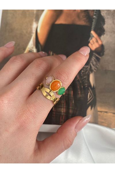 Pinery Jewels Vintage Colorful Oval Rhinestone Steel Tarnish Free Adjustable Ring