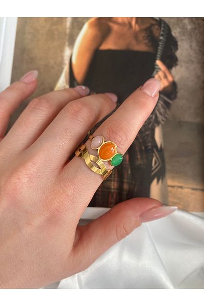 Pinery Jewels Vintage Colorful Oval Rhinestone Steel Tarnish Free Adjustable Ring
