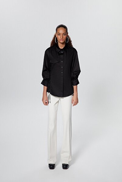 rue Black Poplin Shirt with Gather Detail