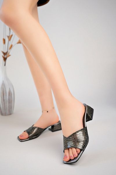 Akgün Terlik Anthracite Color Women's Snake Texture Stylish Slippers