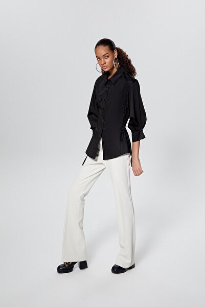 rue Black Poplin Shirt with Gather Detail