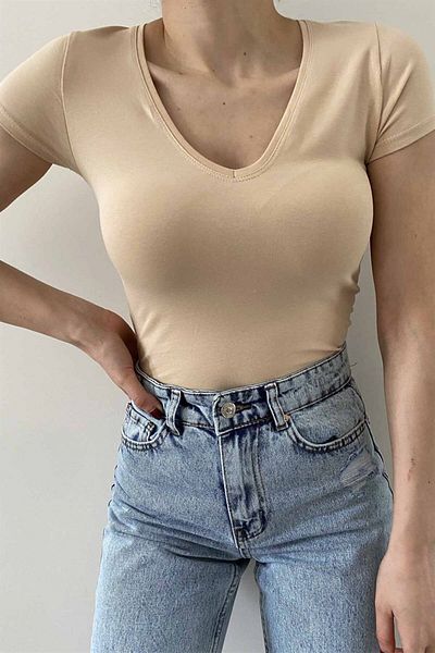 KAROL Modal Blended V-Neck Beige T-Shirt