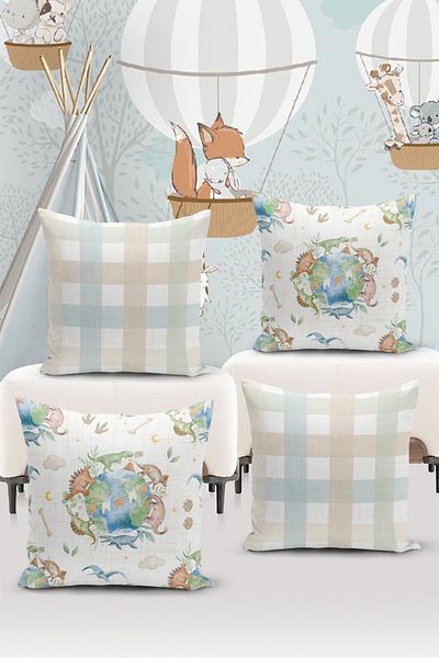 Bertille Home Set de 4 huse de pernă pentru copii, imprimate digital pe două fețe (husă de pernă pentru copii)