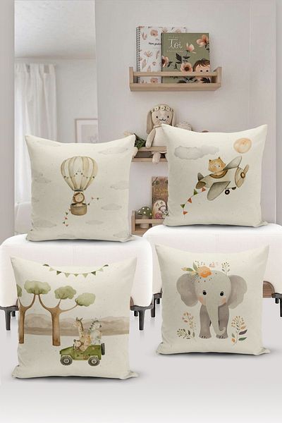Bertille Home Child Baby Double Sided Digital Printed 4-Piece Throw Pillow Case Set (Kids Children Cushion Cover)
