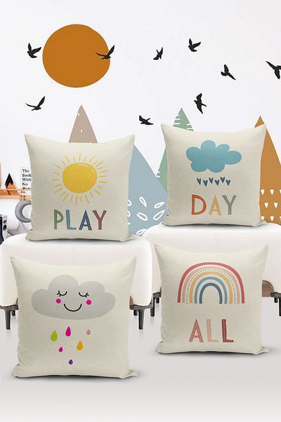 Bertille Home Child Baby Double Sided Digital Printed 4-Piece Throw Pillow Case Set (Kids Children Cushion Cover)