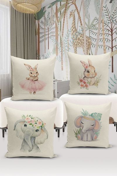 Bertille Home Child Baby Double Sided Digital Printed 4-Piece Throw Pillow Case Set (Kids Children Cushion Cover)