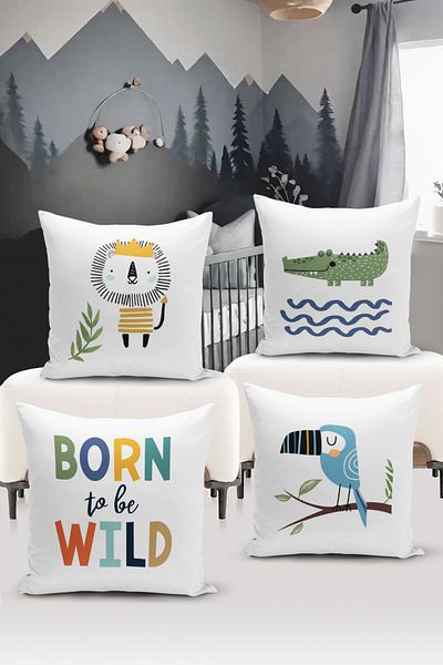 Bertille Home Set de 4 huse de pernă pentru copii, imprimate digital pe două fețe (husă de pernă pentru copii)