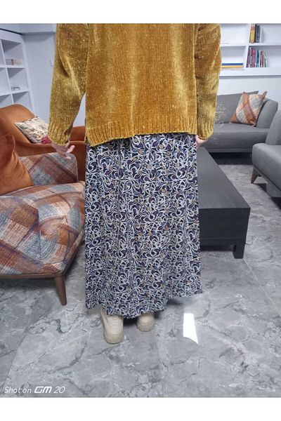 hoaryage Patterned Viscose Printed Fabric Maxi Length Mother Skirt with Elastic Waist